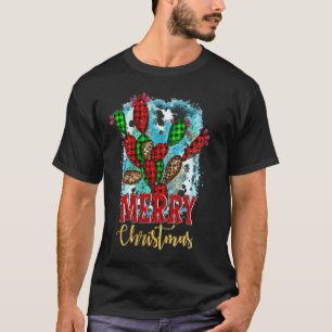 Western Country Merry Christmas Buffalo Plaid Cact T-Shirt