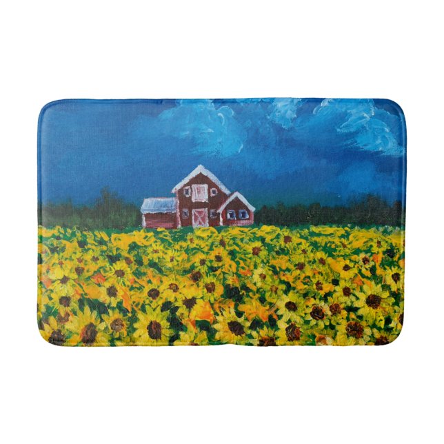 western country red barn summer sunflower field bath mat (Front)