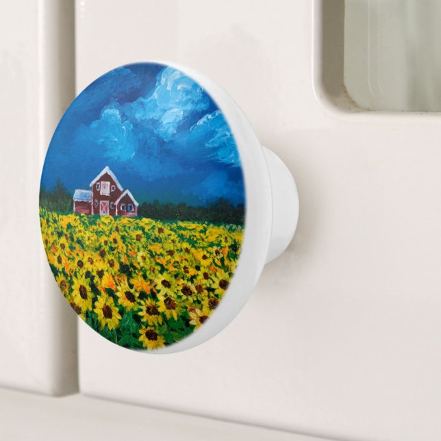 western country red barn summer sunflower field ceramic knob (western country red barn summer sunflower field ceramic knob)