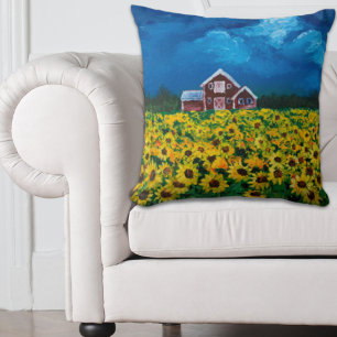 western country red barn summer sunflower field cushion