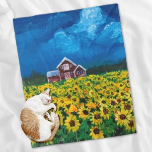 western country red barn summer sunflower field fleece blanket