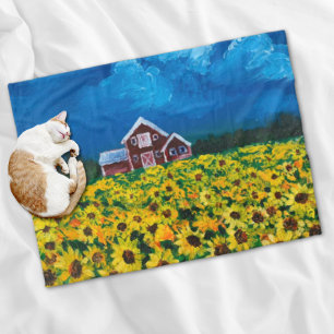 western country red barn summer sunflower field fleece blanket