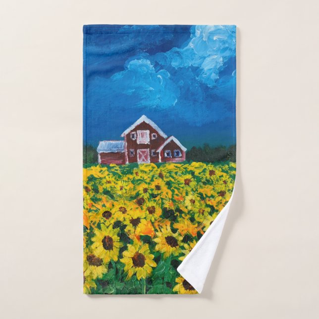 western country red barn summer sunflower field hand towel (Hand Towel)