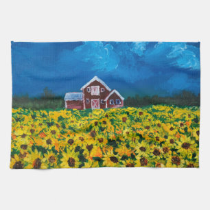 western country red barn summer sunflower field tea towel