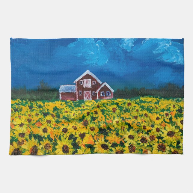 western country red barn summer sunflower field tea towel (Horizontal)