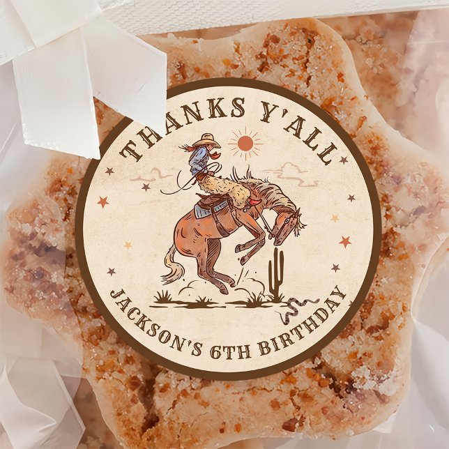 Western Country Rodeo Cowboy Birthday Thank You Classic Round Sticker (Creator Uploaded)
