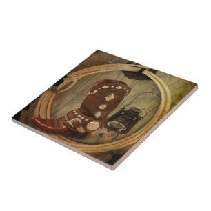 Western Country Rodeo cowboy boot Lasso Rope Tile
