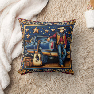 Western Country Singer Guitar and Truck Blue Cushion