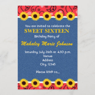 Western Country Sunflowers Denim Bandanna Party Invitation