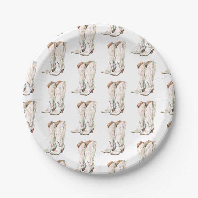 Western Country White Cowgirl Boots Birthday Party Paper Plate (Front)