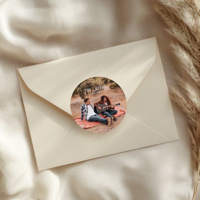 Western Couple Photo Wedding Classic Round Sticker (Creator Uploaded)