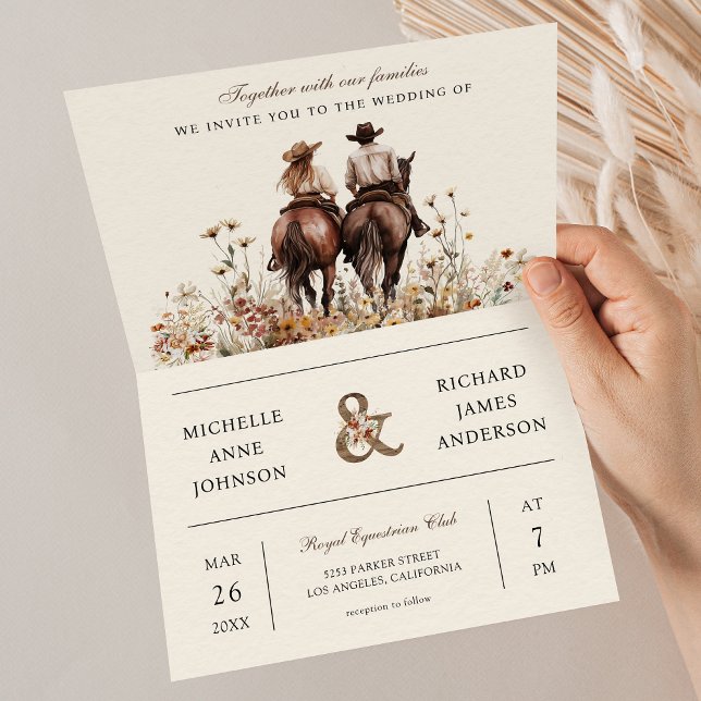 Western Couple Riding Horse All in One Wedding Invitation (Creator Uploaded)