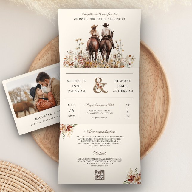 Western Couple Riding Horse All in One Wedding Tri-Fold Invitation (Creator Uploaded)