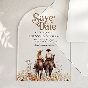Western Couple Riding Horse Wedding Save the Date Acrylic Invitations