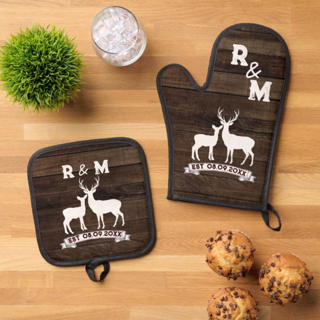 Western Coutry Deer Anniversary Est Mr and Mrs Oven Mitt & Pot Holder Set (Top Down)