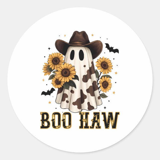 Western Cow Spot Spooky Ghost Boo Haw Classic Round Sticker (Front)