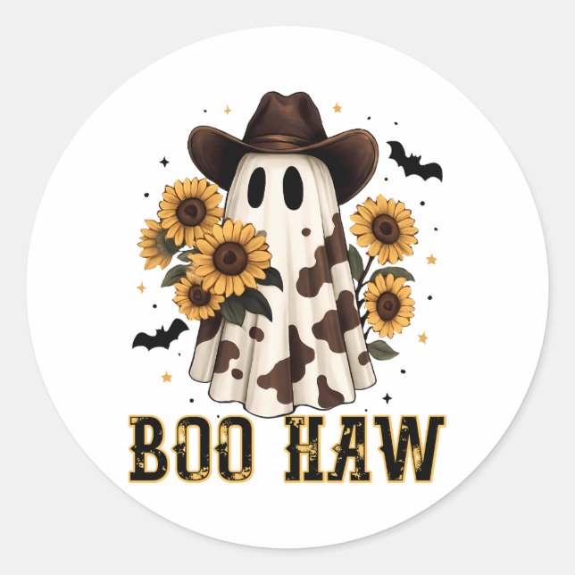 Western Cow Spot Spooky Ghost Boo Haw Classic Round Sticker (Front)