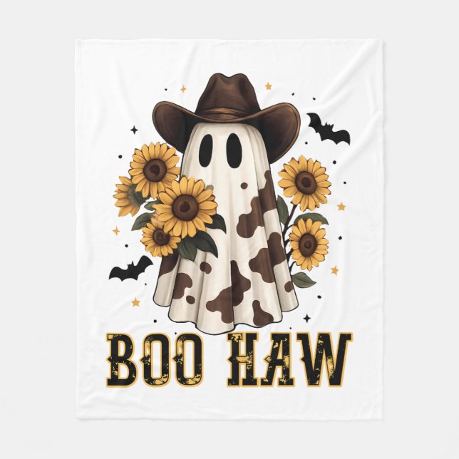 Western Cow Spot Spooky Ghost Boo Haw Fleece Blanket (Front)