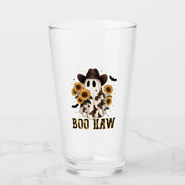 Western Cow Spot Spooky Ghost Boo Haw Glass (Front)