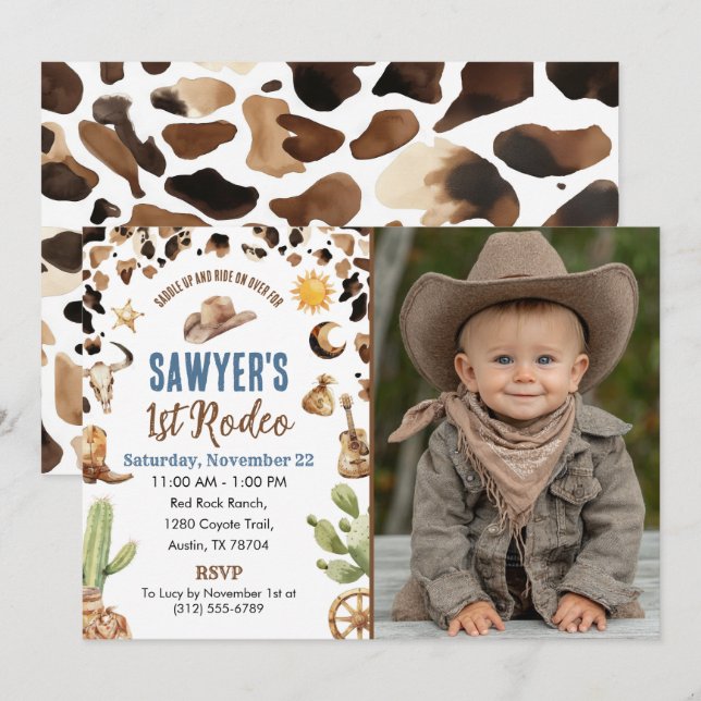 Western Cowboy “1st Rodeo” Birthday Invitation (Front/Back)