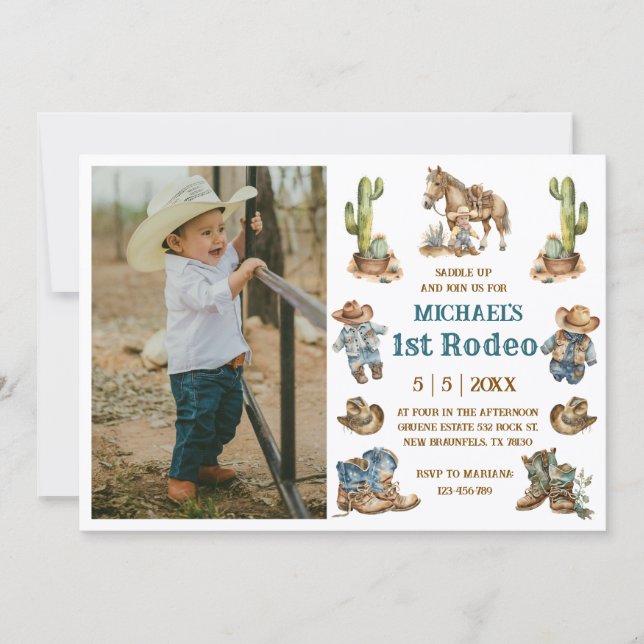 western cowboy 1st rodeo boy first birthday photo invitation (Front)