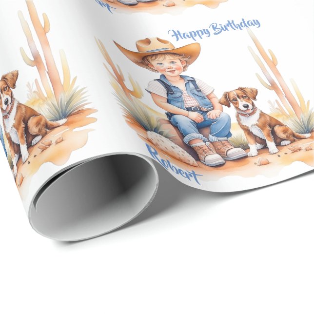Western Cowboy and Dog Personalised Birthday Wrapping Paper (Roll Corner)