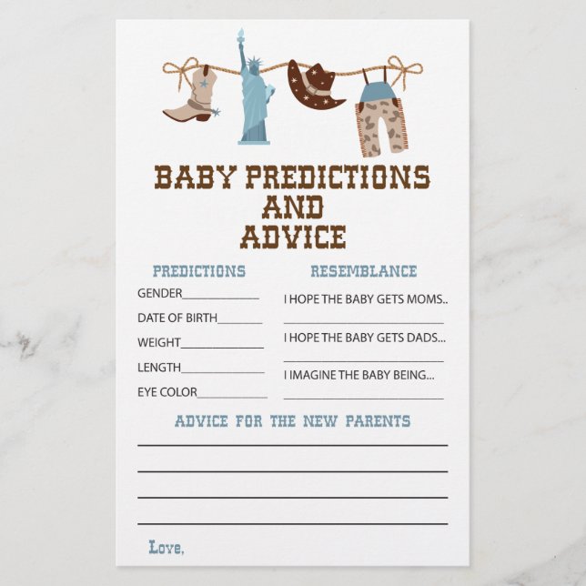 Western Cowboy Baby Shower Advice and Predictions Flyer (Front)