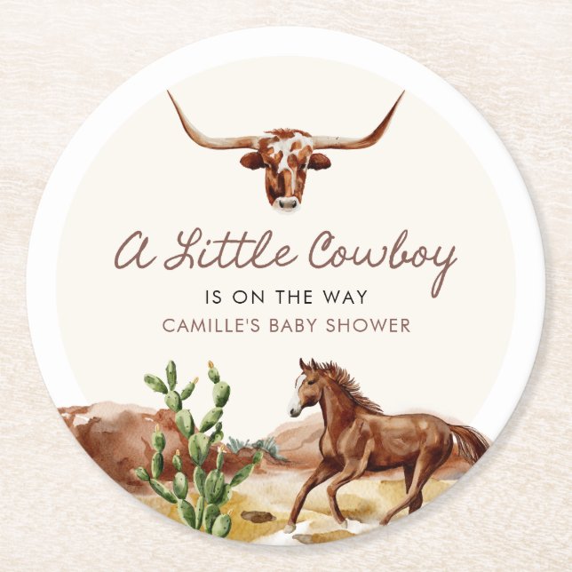 Western Cowboy Baby Shower Round Paper Coaster (Front)
