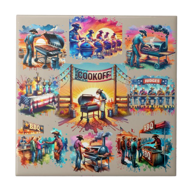 Western Cowboy BBQ Cookoff Scenes 1 Ceramic Tile (Front)
