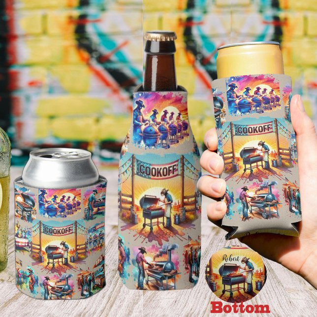 Western Cowboy BBQ Cookoff Scenes 1 Custom Can Cooler (Western Cowboy BBQ Cookoff Can and Bottle Coolers)