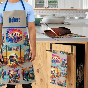 Western Cowboy BBQ Cookoff Scenes 1 Tea Towel