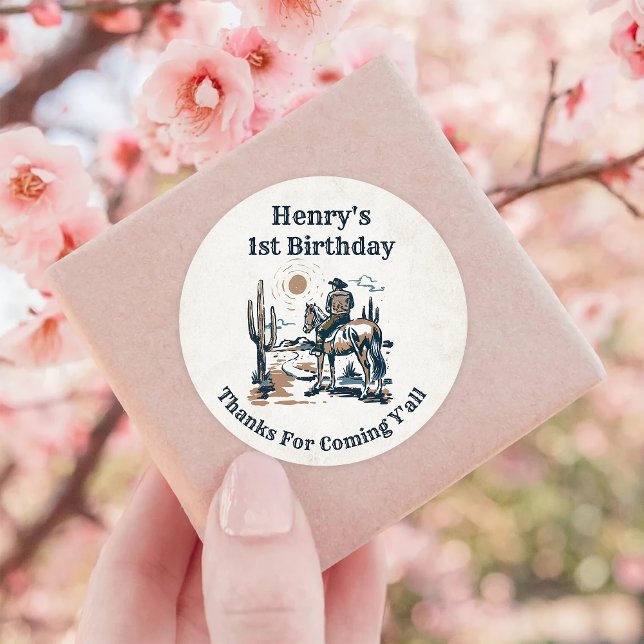 Western Cowboy Birthday Party Classic Round Sticker (Creator Uploaded)