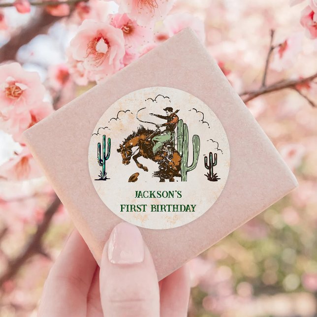 Western Cowboy Birthday Party  Classic Round Sticker (Creator Uploaded)