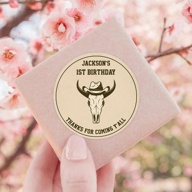 Western Cowboy Birthday Party Classic Round Sticker (Creator Uploaded)