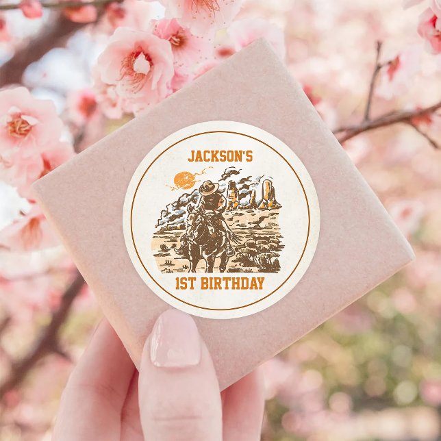 Western Cowboy Birthday Party Classic Round Sticker (Creator Uploaded)