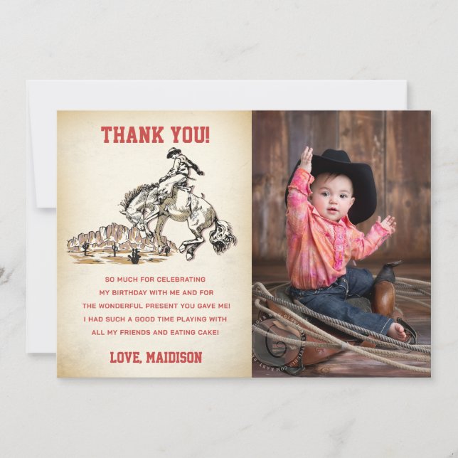 Western Cowboy Birthday Party Thank You Card Photo (Front)