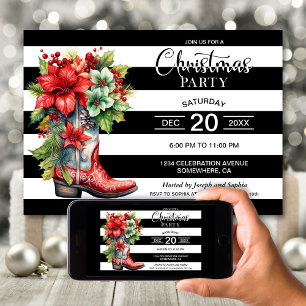Western Cowboy Boot Black Striped Christmas Party Invitation