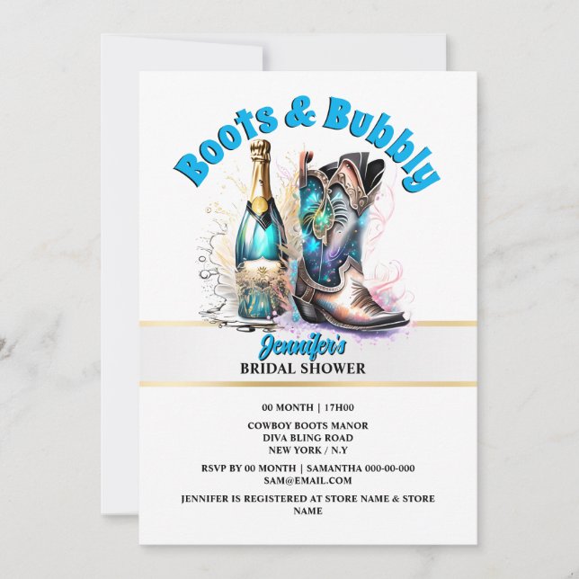 Western cowboy boot bubbly shiny shimmer chic invitation (Front)