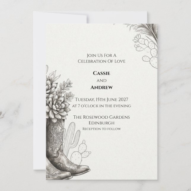 Western Cowboy Boot Cactus Wedding Invitation (Front)