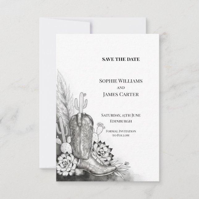 Western Cowboy Boot Cactus Wedding Save the Date (Front)