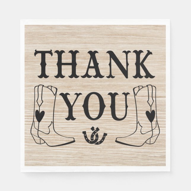 Western Cowboy Boot Country Wedding Wood Thank You Napkin (Front)