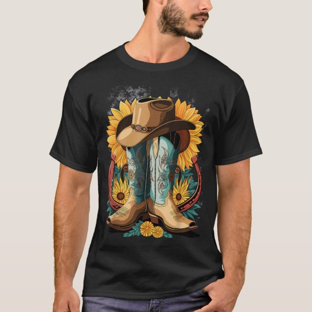 Western Cowboy Boot Horseshoe Sunflower Rope  T-Shirt (Front)
