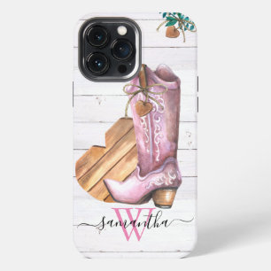 Western Cowboy Boot Monogram Boho Wood  iPhone 13 Pro Max Case