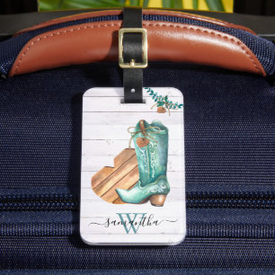 Western Cowboy Boot Monogram Boho Wood  Luggage Tag