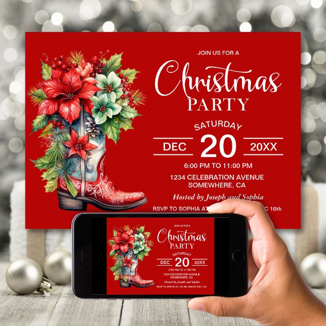 Western Cowboy Boot Red Christmas Party Invitation (Creator Uploaded)