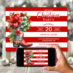 Western Cowboy Boot Red Striped Christmas Party Invitation