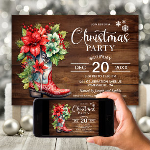 Western Cowboy Boot Wood Christmas Party Invitation