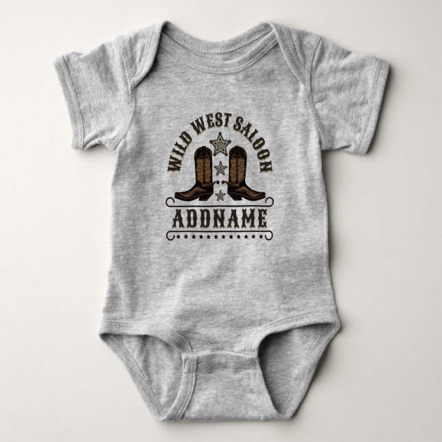 Western Cowboy Boots ADD NAME Sheriff Spurs Saloon Baby Bodysuit (Front)