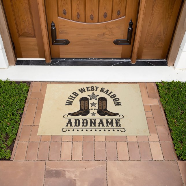 Western Cowboy Boots ADD NAME Sheriff Spurs Saloon Doormat (Outdoor)