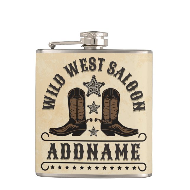 Western Cowboy Boots ADD NAME Sheriff Spurs Saloon Hip Flask (Front)